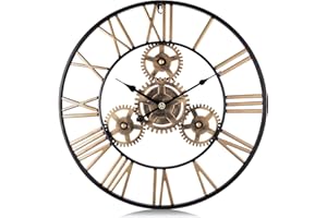 Lafocuse Duży przemysłowy zegar ścienny, złoty, 61 cm, cichy metalowy szkielet, steampunk, zegary vintage z cyframi rzymskimi, do salonu baru