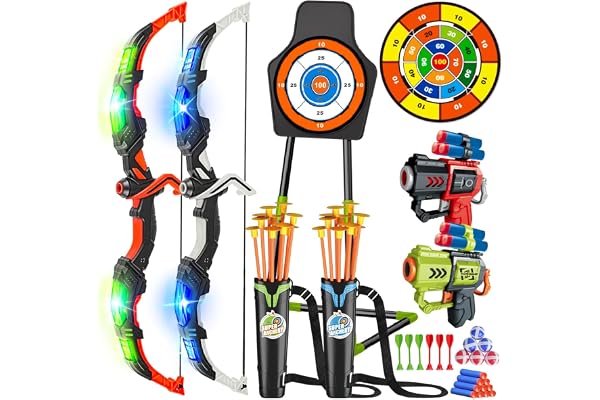VATOS Lot de 2 Jouets de tir à l'arc et aux flèches LED pour Enfants de 5 à 12 Ans, Arc Lumineux et Cible à Ventouse Requin, 73 cm, Jeu de fléchettes pour l'intérieur et l'extérieur, Cadeau pour