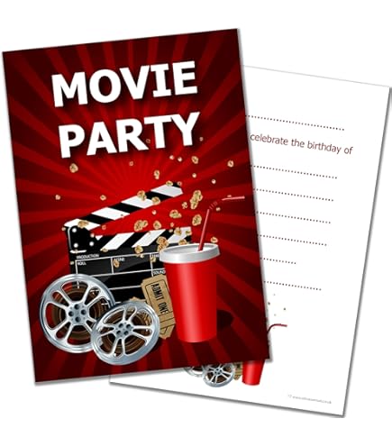 Inviti Compleanno Tema Cinema - Confezione Da 10 Con Buste Rosse, Formato A6, Ideale Per Feste Bambini