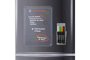 Tableau blanc magnétique transparent A4 minimaliste et élégant PREVIS pour écrire des tâches, des menus, des listes de courses avec 4 marqueurs de couleurs vives et un support magnétique - Réfrigérate
