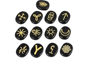 mookaitedecor 13pcs Black Obsidian Witches Runes Set, Reiki Stones Engraved Gypsy Symbol, Healing Crystal Palm Stone for Meditation Divination Spiritual Wiccan Gifts Witchcraft Altar Decor