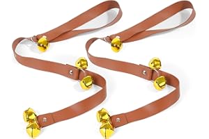 BEAUTISTIK Leather Dog Bells Toilet Training, 2Pcs Dog Doorbell for Door and Puppy Training - Durable Dog Door Bell with Festive Sleigh Bell Sound, Adjustable Length & Antique Gold Bells (Brown Leather)