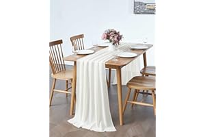 HYKIEE Table Runner, Beige White Sheer Chiffon Table Runner Skirt, 73 * 304cm 10ft Romantic Wedding Table Cover Gauze Cloth for Birthday Party Bridal Baby Shower Christmats Tree & Door Decoration