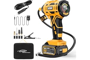 ‎AUTDER AUTDER Akku Luftkompressor 180 PSI – Tragbare Reifenpumpe mit 21V wiederaufladbarem Akku & 12V DC Auto-Adapter, Digitaler Luftkompressor für Auto, Motorrad, Fahrrad & Sportbälle – Gelb
