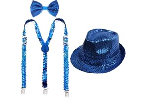 CARNAVALIFE Juego 3 de Tirantes Elásticos Pajaritas Ajustables y Sombrero de Copa de Lentejuelas Brillantes para Niños Disfraz de Fiesta Carnaval Halloween Navidad