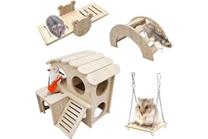 Eyksta 4 Stück Hamster Spielzeug aus Holz, Hamster Haus Brücke Wippe Schaukel Käfig Dekor Zubehör, DIY Spielplatz für Meerschweinchen Ratten Zwerghamster Goldhamster