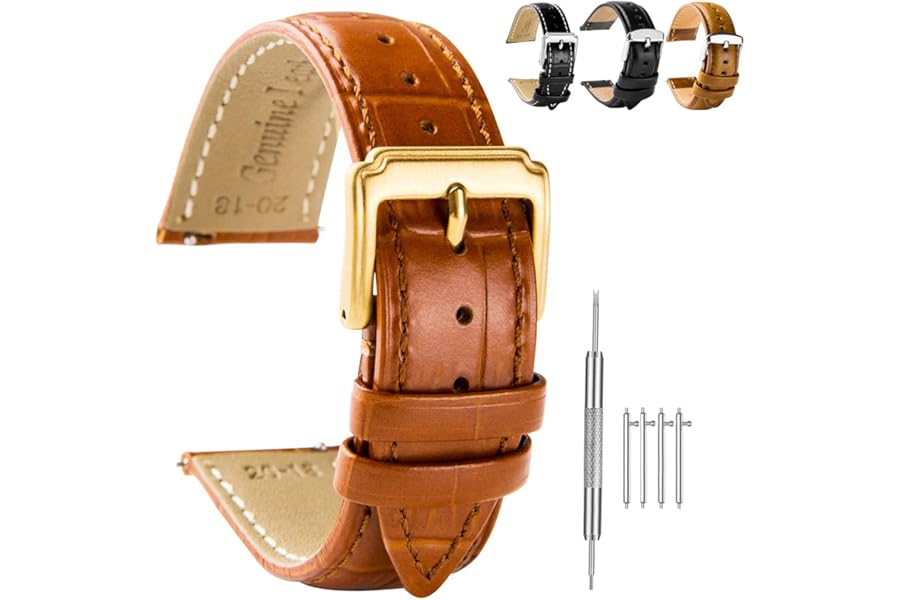 Spolife Leather Watch Straps for Men, Genuine Leather Replacement Bands, Stainless Steel Buckle, Quick Release Replacement Watchbands 16mm 18mm 19mm 20mm 22mm (with Watchstrap Pins,Repair Tool)
