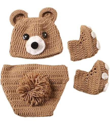 Costume Photo Nouveau-né En Forme D'ours - Lot De 3 Tenues En Laine Tricotée Douce, Pour Bébés 0-1 Mois, Séances Photo Adorables - 2