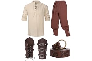 VELMAWIG Mittelalter Hemd Viking Kostüm Herren Renaissance Viktorian Piraten Schnürhemd Fischerhemd Kriegerin Gothic Stehkragen Cosplay Top with Kniebundhose Männer Armschützer Steampunk Ritter Gürtel
