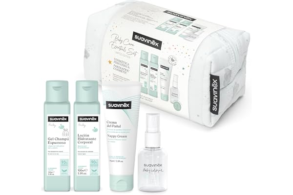 Suavinex, Neceser para Bebés de Tela, Set Regalo Bebé Recién Nacido con Cosmética: Gel Champú 100 ml + Loción Hidratante 100 ml + Crema Pañal 75 ml + Baby Cologne 50 ml. Formato Viaje. Azul Dreams