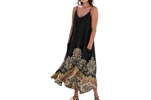 ZRYAZQ Sommerkleid Damen Boho Lang A Linie Trägerkleid Damen Sommer Maxi Blumen V Ausschnitt Sommerkleider Leicht Und Luftig Strandkleid Lang Baumwolle Leinen Kleider Spaghettiträger mit Taschen