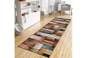 ‎WTHYGB WTHYGB Teppich Läufer Flur Küche 40x220 cm, Modern rutschfest Waschbar Küchenläufer Flurläufer, Lang Polyester Holzmaserung Braun Teppichläufer für Korridor, Schlafzimmer, Innen Wohnzimmer