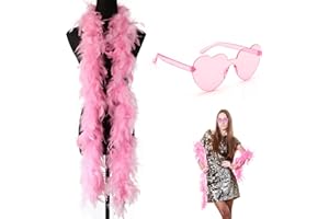 FVIZAL 1 a Piece of Feather Boa and Heart Glasses, 1.8M in Length Feather Boa Colorful 1920s Burlesque Feathers Boa for Women for Wedding Party, Concert, Fancy Dress,Love Tour with Heart Rimless Sunglasses