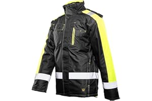 SEVEN KINGS Arbeitsjacke Herren Winter wasserdicht warm gefüttert – reflektierende Warnschutzjacke mit Kapuze – robuste Winterarbeitsjacke Männer für Arbeit Baustelle Lager - mit vielen Taschen & Reißverschluss
