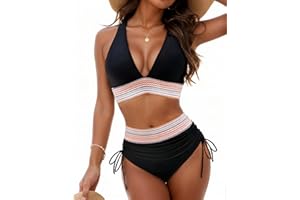 HICODBEK HUTRADE Bikini Damen Set Sexy Badeanzug Bademode Hohe Taille Farbblock Zweiteiliger Kordelzug Badeanzüge Bikinis für Frauen 2025 Sommer