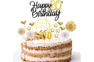 DazzJoy Tortendeko 30 Geburtstag Mann Frau,18 Stück Glitzer Cake Topper 30 Geburtstag Deko,Kuchen Deko Geburtstag 30 Jahre mit Geburtstagskerzen,Kuchendeko Happy 30th Kuchen Topper Schwarz Gold