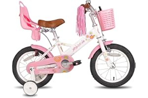 JOYSTAR Little Daisy 12/14/16 Pouces vélo Enfant pour Les Filles de 2 à 7 Ans, Vélo Gilrs avec Roues stabilisatrices, siège de poupée et paniers. Bleu, Rose, Blanc