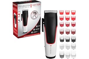 Remington Tondeuse Cheveux [Spécial Dégradé] Easy Fade(Lames en Acier Auto Affutées,Ultra Rapide, 21 Sabots 1,5-25mm: 9 Coupe fixe + 10 Coupe dégradée + 2 pour oreilles,Sans fil-50 min,Pochette) HC500