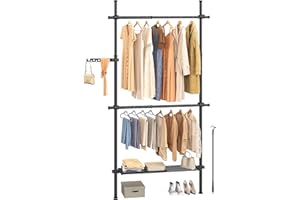 SONGMICS Teleskopstange Kleiderständer, 3-stufige Garderobe, höhen- und breitenverstellbar, offener Kleiderschrank mit 2 Kleiderstangen und Abnehmbarer Ablage, Greifarm, Mattschwarz HSR136B01