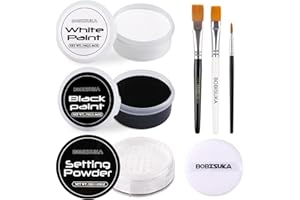 BOBISUKA Black & White Face Body Paint + Setting Powder + 3PCS Brushes Face Painting Kit for Adult Professional Oil Based Facepaint For Halloween Clown Skeleton Vampire Skull Joker Cosplay SFX Makeup