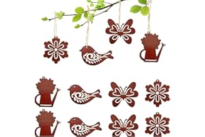 ehomiiii «Juego de 12 colgantes vintage oxidados, pájaros, flores, regadera, mariposa, decoración de jardín, decoración de metal, decoración de Pascua, para casa y exterior, arte de pared»