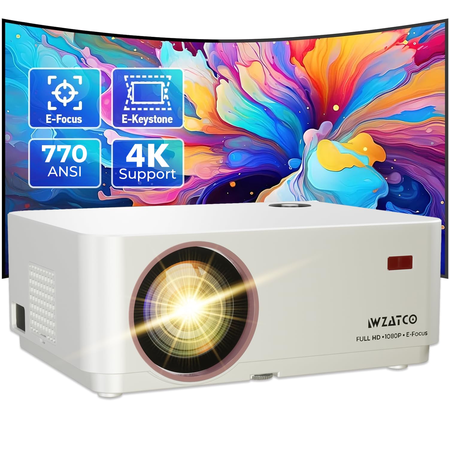 WZATCO Yuva Elite Electronic Focus, Native 1080P Ultra Bright 10500L, 770 ANSI (Best in Segment) Projector for Home, 250” Scr