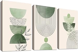 HALFLEMART 3 Pcs Salvia Verde Boho Stampa su tela Con Cornice Minimalista Astratto Geometrico Beige Verde Pittura Quadri su tela Quadri Moderni Camera da Letto Soggiorno Decorazioni Murale 90x40cm(12"x16"x3pcs)