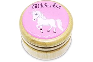 ‎GICO GICO Milchzahndose, Zahndose Milchzähne Bilderdose aus Holz mit Drehverschluss in diversen Motiven für Jungen und Mädchen mit Drehverschluss 44 mm (Einhorn) -Made in EU-7011