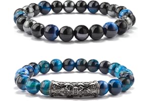 BOCHOI Bracelet en Pierre Naturelle Lot de 2 Bracelets pour Homme Et Femme Anniversaire Bracelets Perlés Originaux Perles Obsidienne Hématite Oeil de Tigre Pierre Naturelle Surprise
