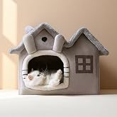 Oumo Villa Kedi Evi Peluş Kapalı Kedi Yatağı Minderli Katlanır (Gri)