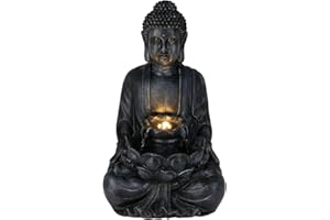 WELL HOME MOBILIARIO & DECORACIÓN Well Home Fuente Buda en Color Negro con Luces LED para Espacio Exterior 28,5x24,5x48cm