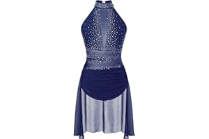dPois Robe Danse Contemporaine Femme Justaucorps Gymnastique sans Manches Académique Tenue Strass Robe Danse Classique Robe Danse Lyrique