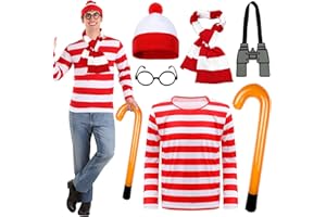 Cefunis Wally Costume Set for Adult Kids, Red and White Striped Accessories Set Wally Character Cosplay Costume Book Week Fancy Dress with T-shirt Beanie Hat Glasses Scarf for World Book Day Dress Up