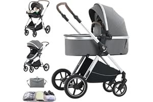 Shineey Kinderwagen 3 in 1,Puppenwagen Buggy Faltbarer Kinderwagen Set, Kombikinderwagen 3 in 1 mit Großer Bequemer Babywanne, Laufwagen Rahmen Aluminiumlegierun (D2 DEEPGREY, H2-D)
