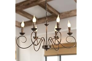 JIINOO Lampadario in stile country tradizionale, candeliere in ferro regolabile in altezza vintage, 6 E14 luci bronzo fattoria classica lampada a sospensione per cucina sala da pranzo soggiorno