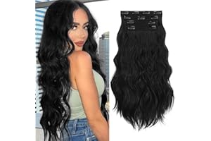 Sofeiyan Extensiones de Clip de Pelo 4PCS Cabello Extensiones Largo Ondulado con Clips Extensiones de Cabello Sintético Trama Encaje Suave Postizo para Mujer 50cm Negro