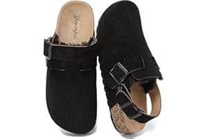 YUHITYGZGS Corduroy Clogs Fuzzy Women Men Mules with Back Strap, Leather Closed Toe Sandals, Soft Cork Footbed Adjustable Buckle Potato Shoes, Memory Foam Fleece-Lined Warm Slippers