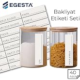 Egesta 40 Adet B&uuml;y&uuml;k Boy Bakliyat ve Erzak Etiketi Seti - 3x12 cm Suya Dayanıklı Saklama Kabı Sticker - Yıkanabilir Kavanoz E