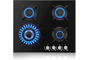 TopStrong 4 Burner Black Glass Gas Hob with Wok Burner, 60cm Cooker, Flame Out Protection, 8060W Gas Cooktop, NG/LPG Convertible