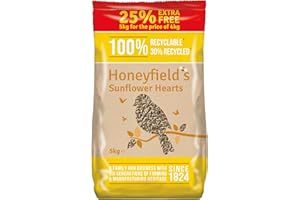 HONEYFIELD'S Sunflower Hearts Bird Food - Wild Bird Food for Small Birds, High in Energy and Protein, Great for Hanging Feeders, Bird Tables, and Ground Feeding, Bulk Bag (5kg) - Honeyfield’s