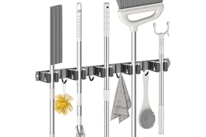 Radikor Colgador Escobas y Fregonas, Soporte Escobas Pared Adhesivo con 5 Soportes y 4 Ganchos, Sujeta Escobas Pared Atornillable, Portaherramientas de Jardín, Soporte para Fregona Escoba, Negros