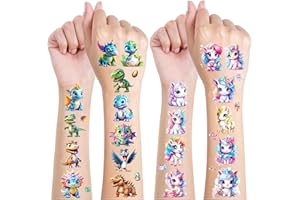 JOJOLUXE Tatuaggi Glitterati per Bambini Set, 12 Foglie Tatuaggi Temporanei Unicorno & Dino per Bambini, Tatuaggi Bambini Gadget Compleanno, Unicorno Bambina Regalo, Festa Dinosauri per Regalo, Giochi Bambini