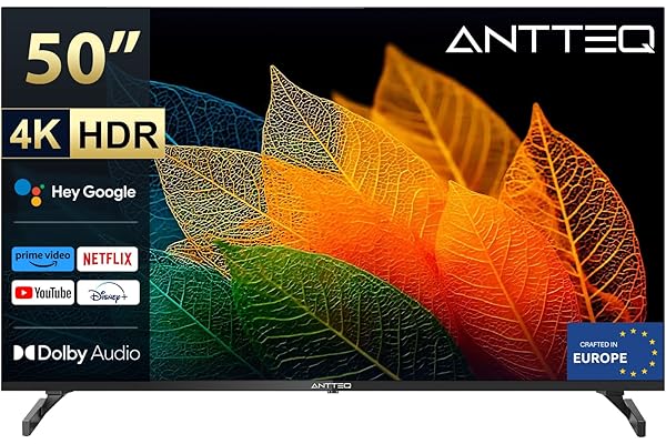 Antteq S50 Smart TV 50 Pouces(127cm), Andriod TV 4K UHD, HDR10, Dolby Audio, Google Assistance, Bluetooth Triple Tuner (DVB-C/S2/-T2), DAZN/Disney+/Netflix/Prime Video/Youtube, WiFi