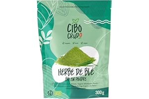 CIBO CRUDO CRUDO BIOLOGICO VEGAN Herbe de Blé Bio en Poudre - 300g. Source de Chlorophylle Vitamine A C et E. Contient Antioxydants. Pour Jus et Smoothies. Action Purifiante. Wheatgrass Powder Organic.