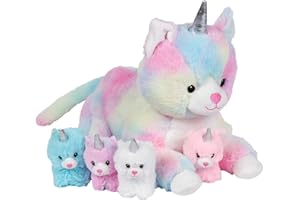 PIXIECRUSH Snugababies Pluszowe zwierzęta jednorożec i kot dla dziewczynek w wieku od 3 do 4 lat od 5 do 6 do 7 do 8 lat; jednorożec mama kot z 4 małymi jednorożcami w brzuchu; poduszka jednorożec dla