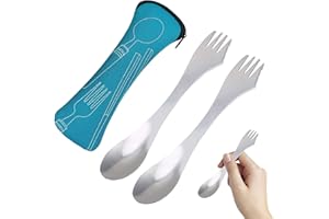 FOZUANEI 2 Pack 3 in 1 Stainless Steel Camping Spork, Multifunctional Lightweight Knife Fork, Knife Spoon Fork with Portable Pouch, Outdoor Cutlery, All in One Fork for Outdoors, Camping, Hiking Travel