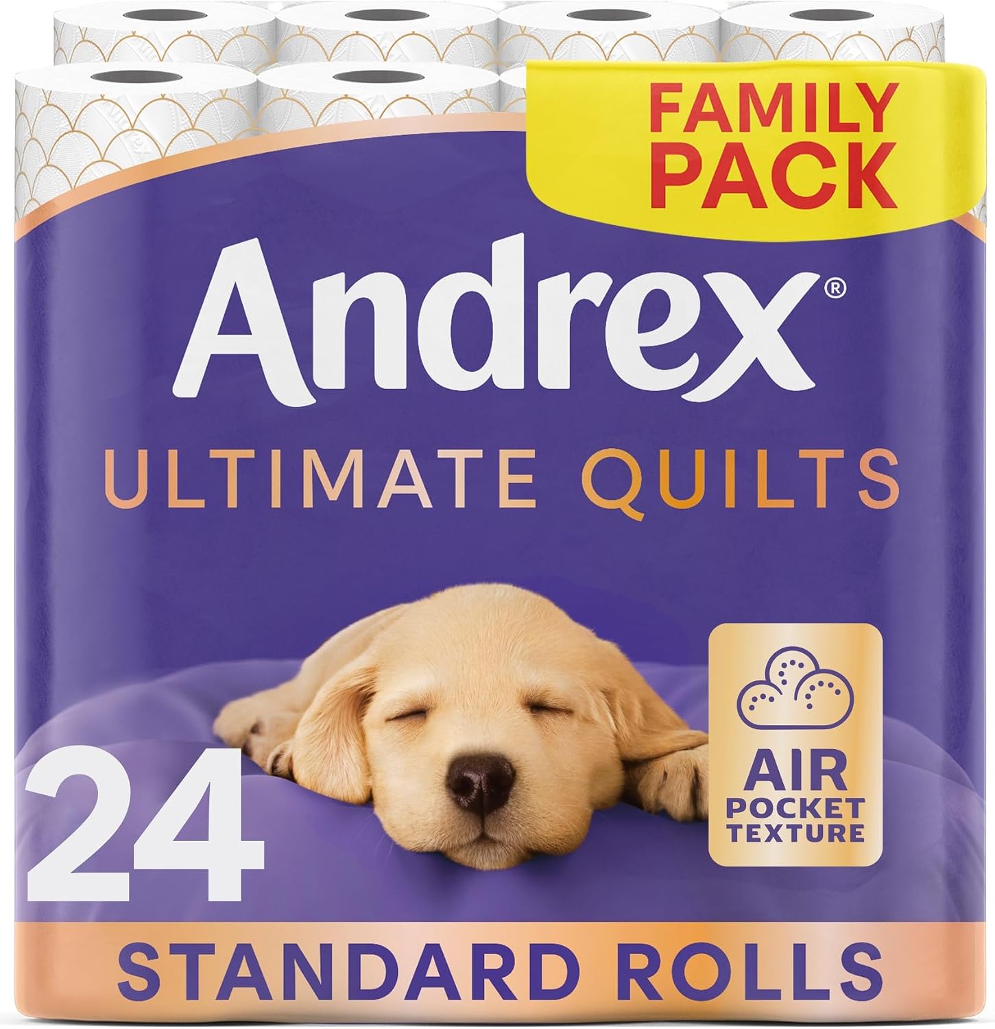 Andrex Ultimate Quilts Toilet Tissue 24 Standard Toilet Rolls, Air Pocket Technology for Soft, Thick Sheets (Previously Andrex Supreme Quilts Toilet Paper) - 24 Quilted Toilet Rolls x 1 Bulk Pack