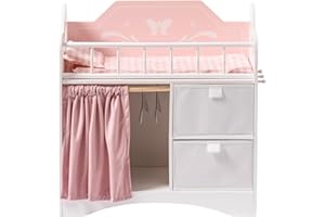 ROBUD Letto per bambole in legno, giocattolo per bambole con armadio, biancheria da letto, spazio e ganci, letto per bambole fino a 51 cm, regalo per ragazze dai 3 anni in su (rosa)