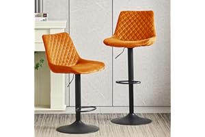 JaHECOME Velvet Orange Bar Stools Set of 2- Modern Swivel Height Adjustable Barstools with Black Metal, Armless Large Padded Cushion Breakfast Counter Chairs for Kitchen Island, Pub, Restaurant, Café