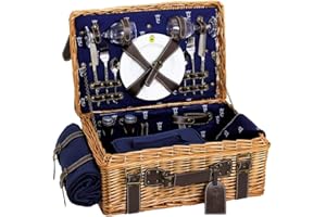 ‎LES JARDINS DE LA COMTESSE Picknickkorb Champs-Elysées aus Weidengeflecht und echtem Leder, dunkelblau - 2 Personen - voll ausgestattet - Les Jardins de la Comtesse